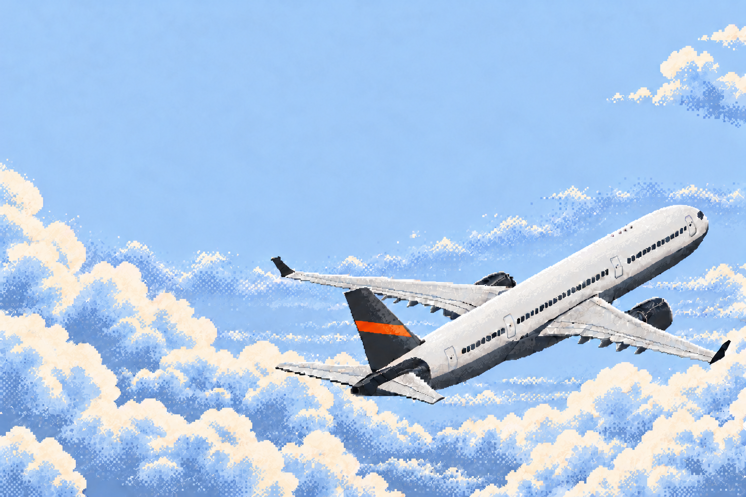 A paper-white passenger aircraft with a graphite tail, orange stripe following the Livery tail mark, and dark engines flying through a pixel-art sky